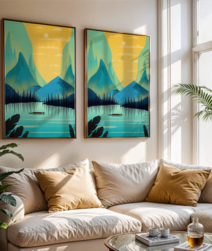 Serene lake landscape with mountains and sunset