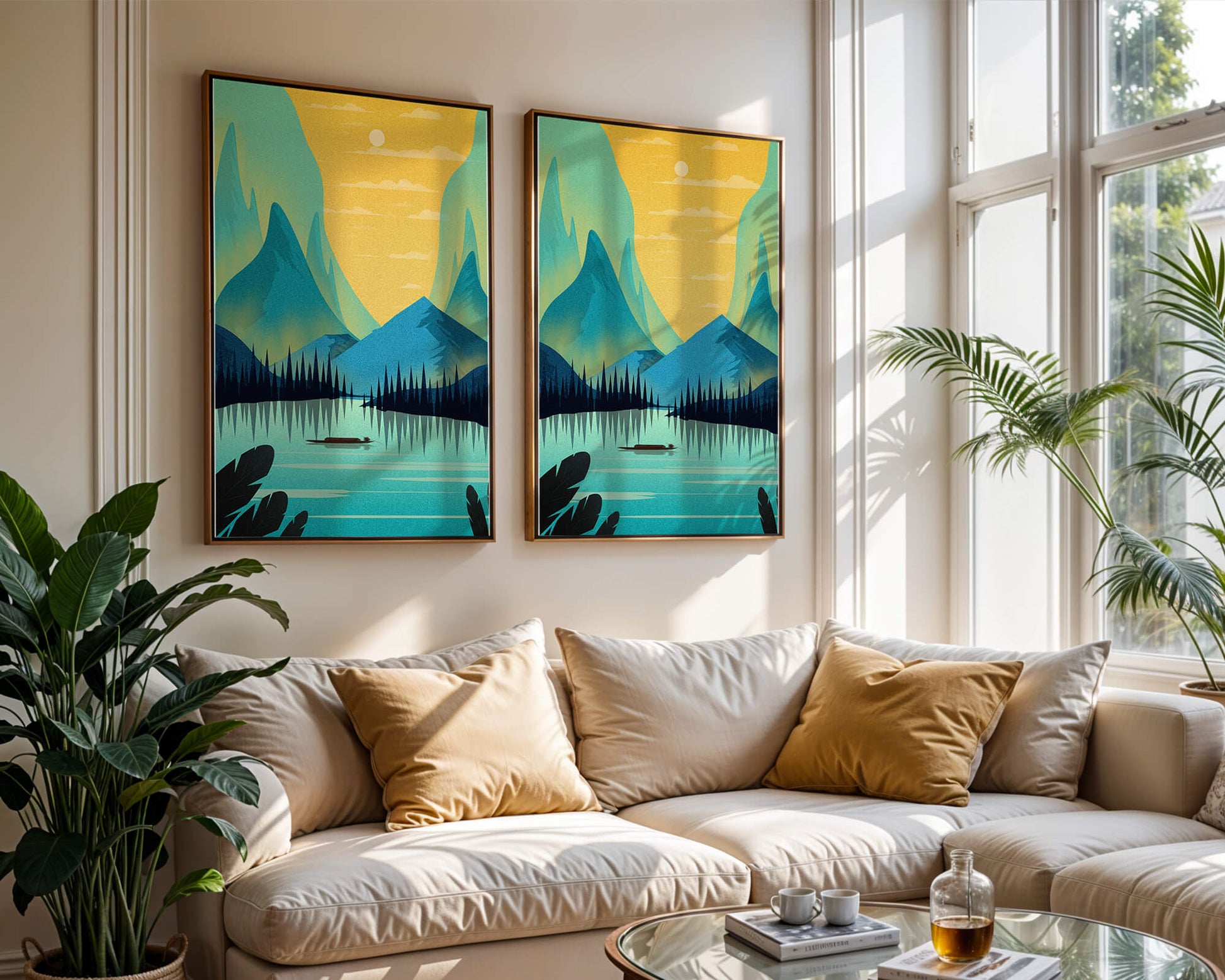 Serene lake landscape with mountains and sunset