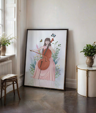 Girl Playing Cello Surrounded by Nature with Butterflies - Mi tienda