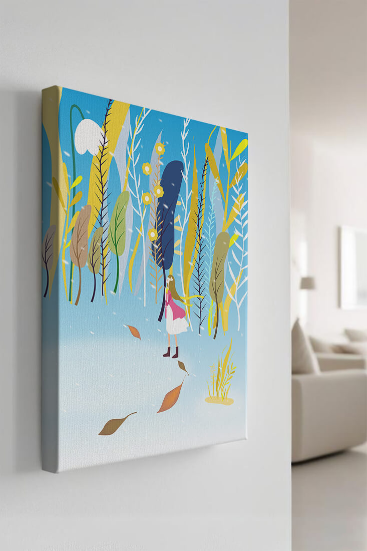Whimsical scene with girl in colorful abstract forest