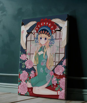 Chica anime elegante con atuendo tradicional y detalles florales y de grulla