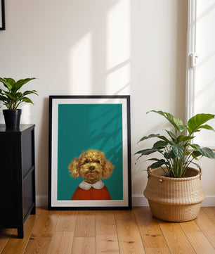 Portrait de caniche charmant en tenue de fête sur fond turquoise