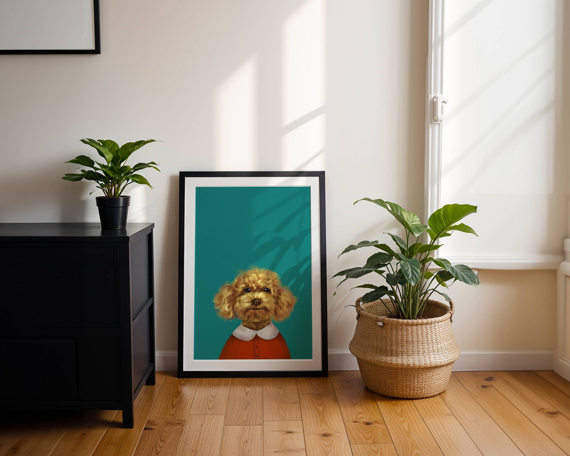 Portrait de caniche charmant en tenue de fête sur fond turquoise