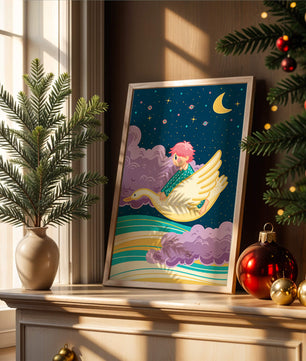 Child flying on a goose through a magical night sky illustration