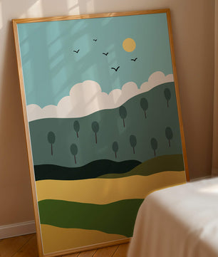 Minimalist Landscape with Hills and Sun