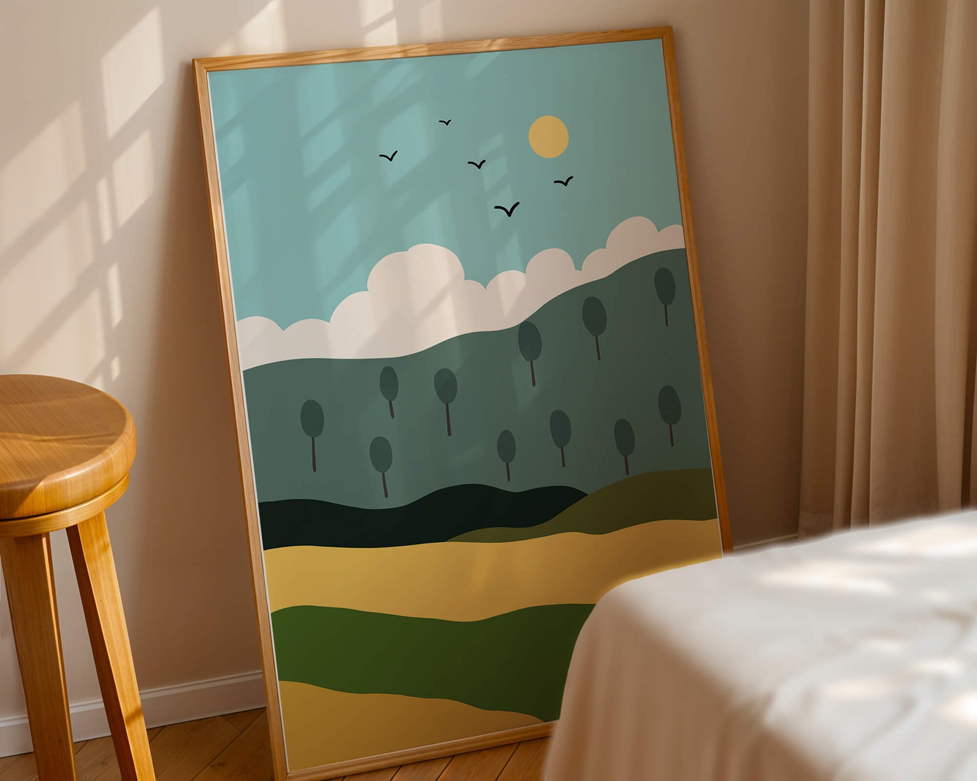 Minimalist Landscape with Hills and Sun