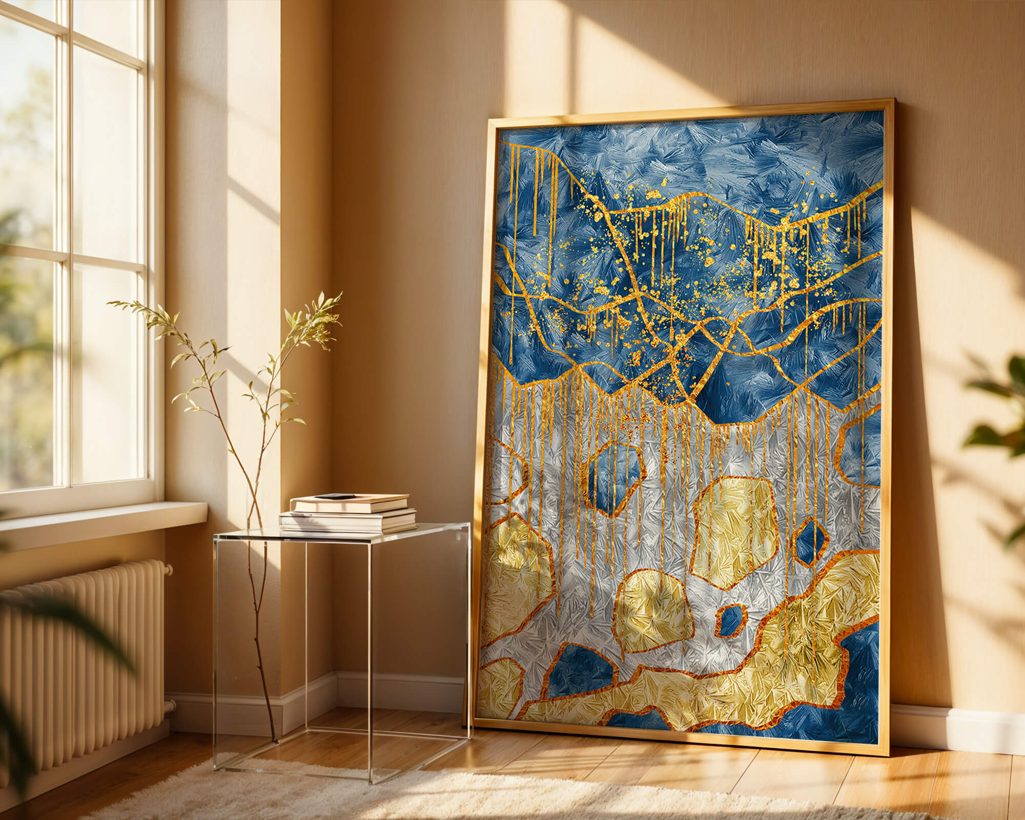 Abstract gold and blue textured art with dynamic splashes of color