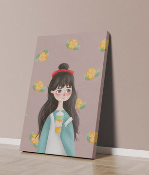 Illustration of a girl with a beverage surrounded by citrus slices