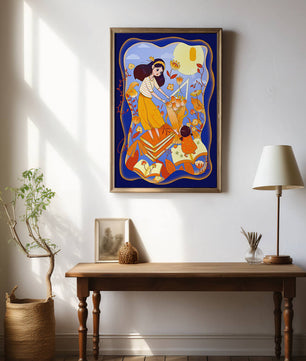 Whimsical illustration with woman and child among books and flowers