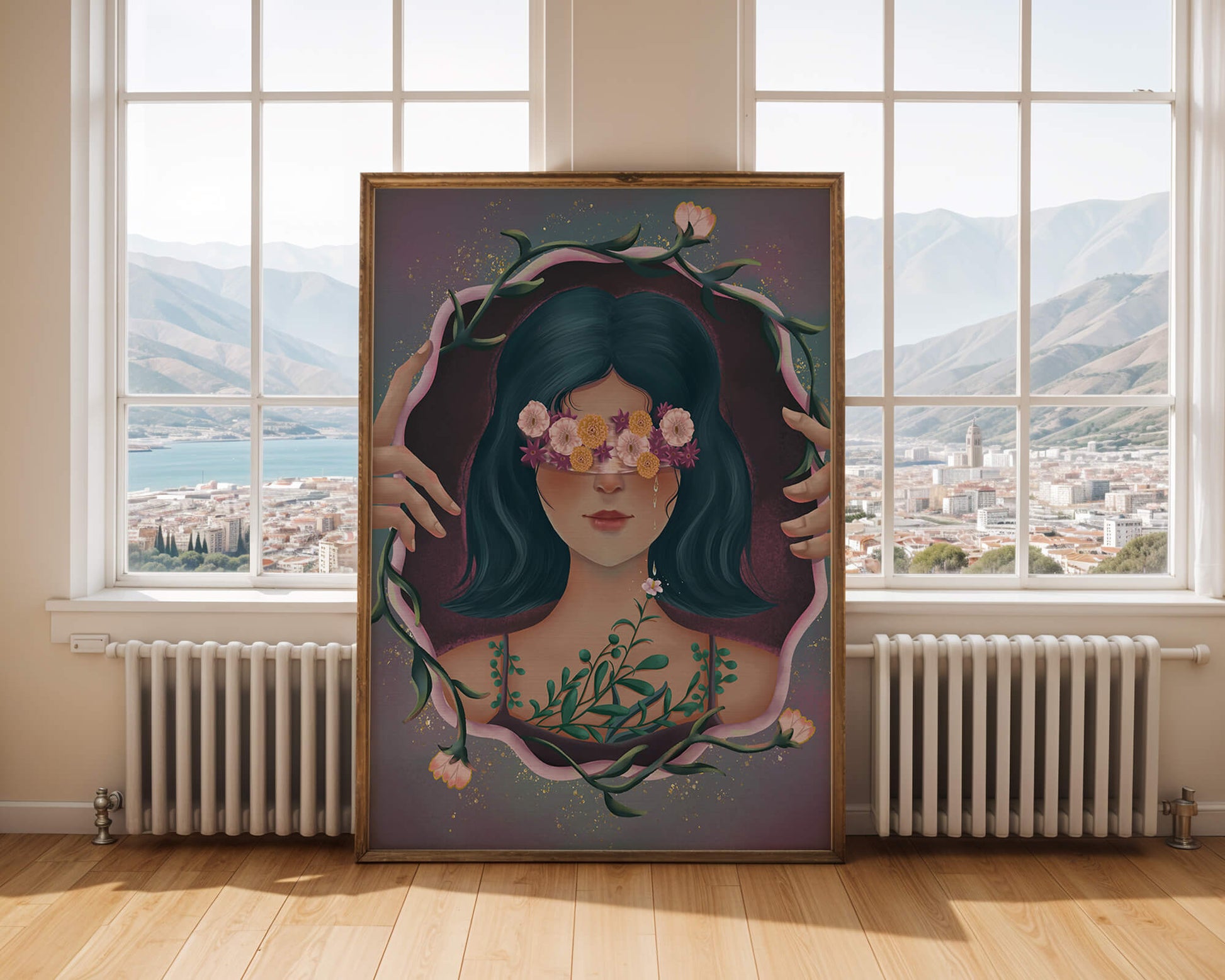Retrato encantador de una mujer con ojos florales y cabello oscuro