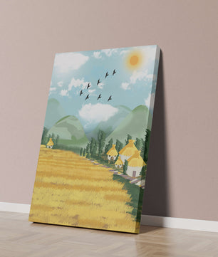 Sunny Countryside With Birds And Golden Fields