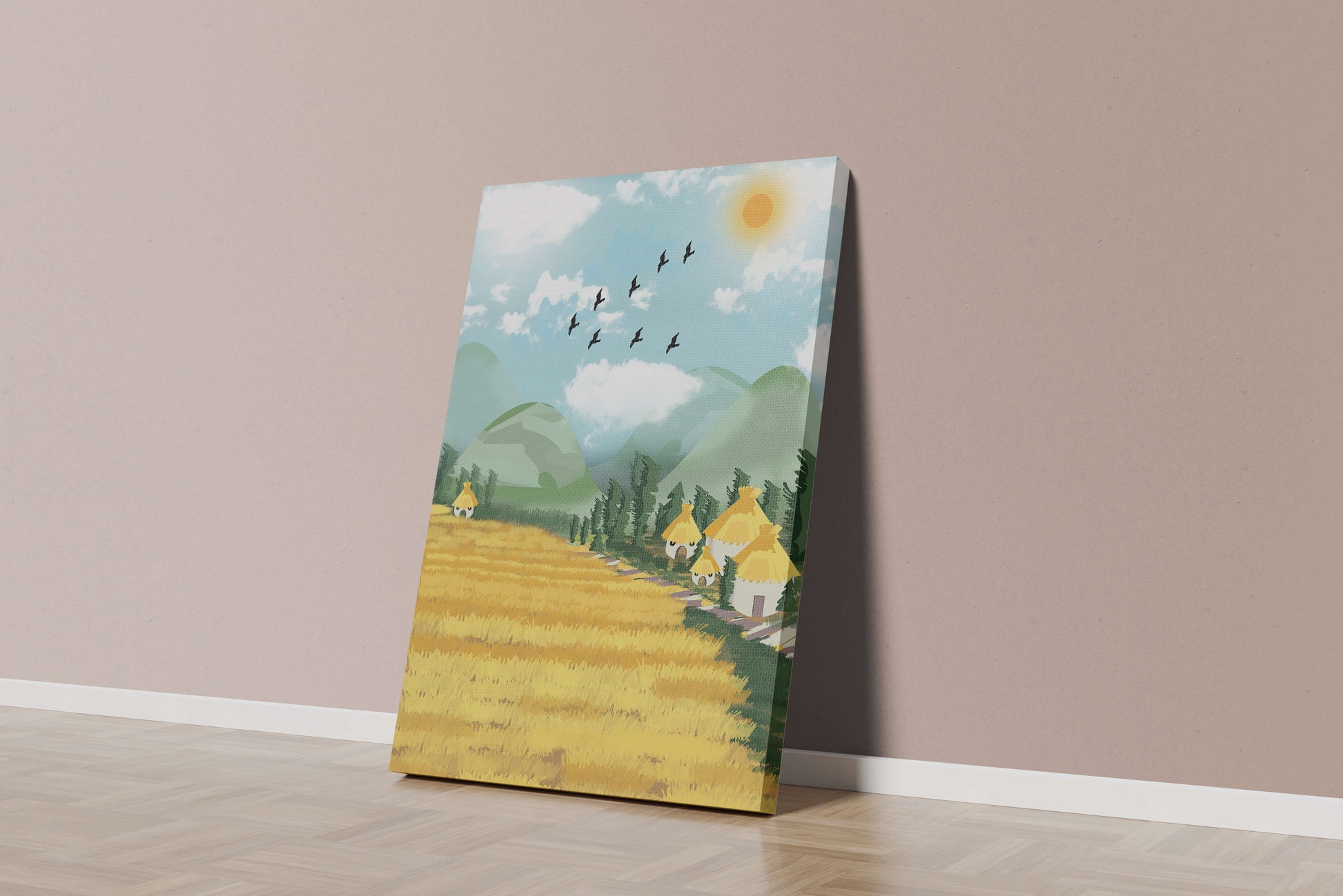 Sunny Countryside With Birds And Golden Fields