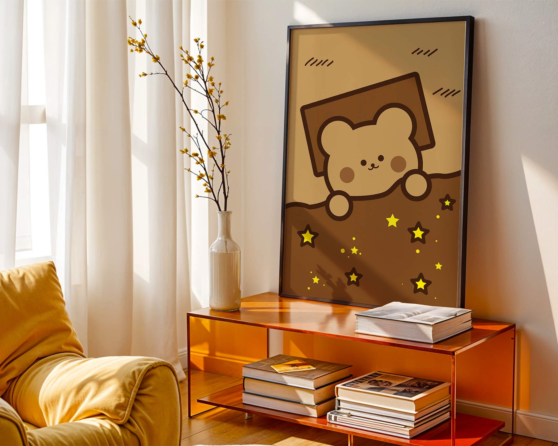 Adorable bear peeking out from a blanket with stars illustration