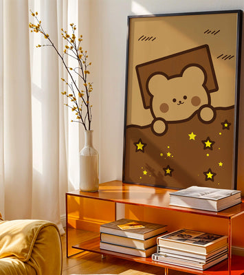 Adorable bear peeking out from a blanket with stars illustration