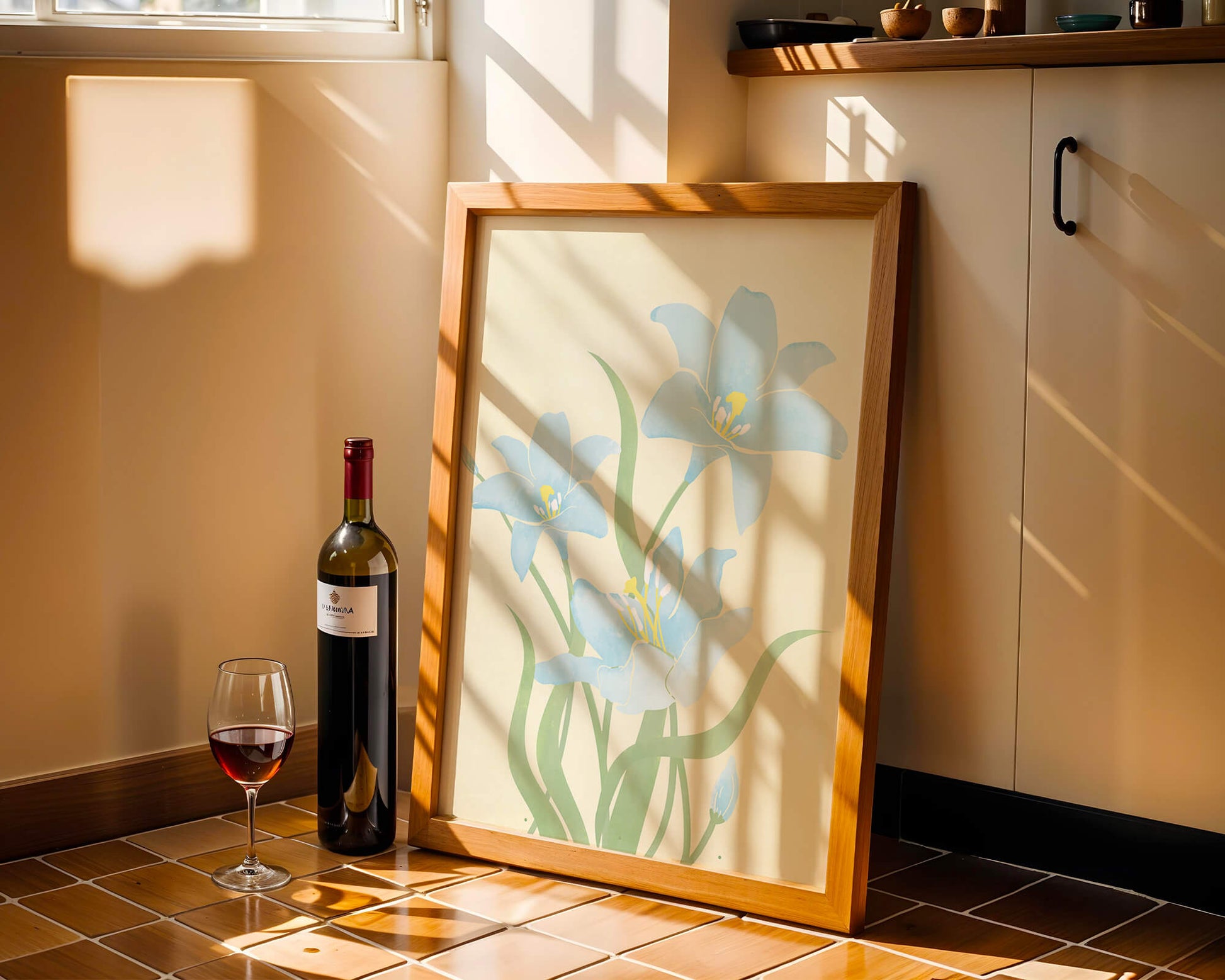 Ilustración elegante de flores azul claro con tallos verdes