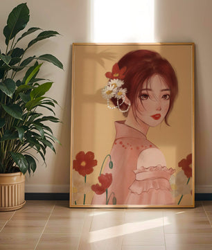 Portrait élégant d'une femme avec des ornements floraux et une expression douce
