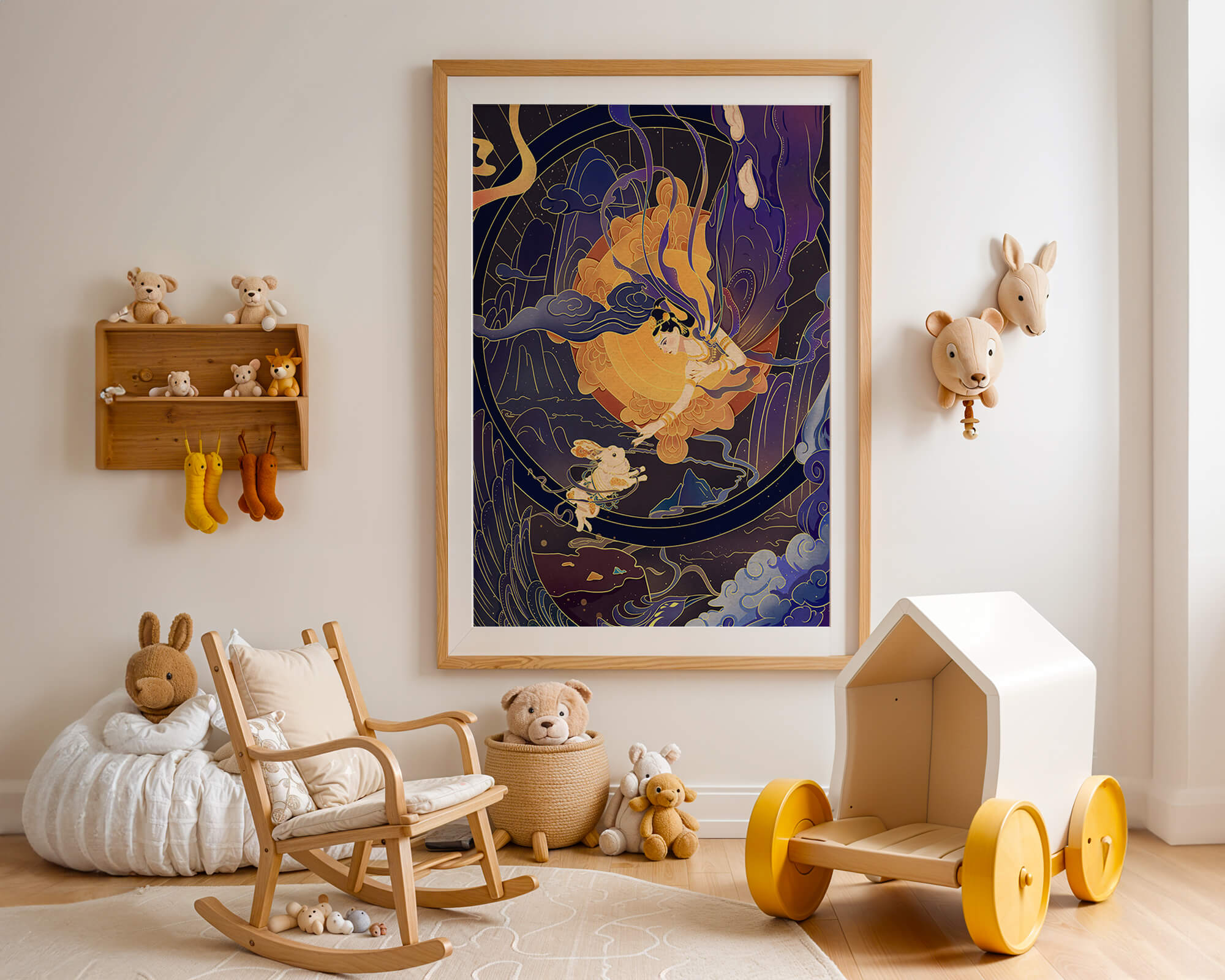 Elegant goddess reaching towards a celestial rabbit in a cosmic scene