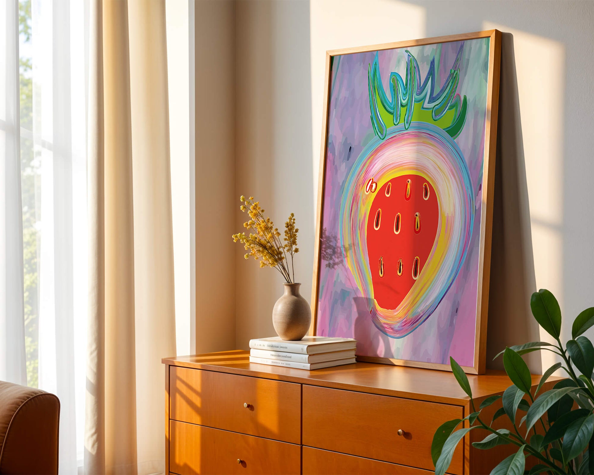 Colorful abstract strawberry with vibrant brush strokes