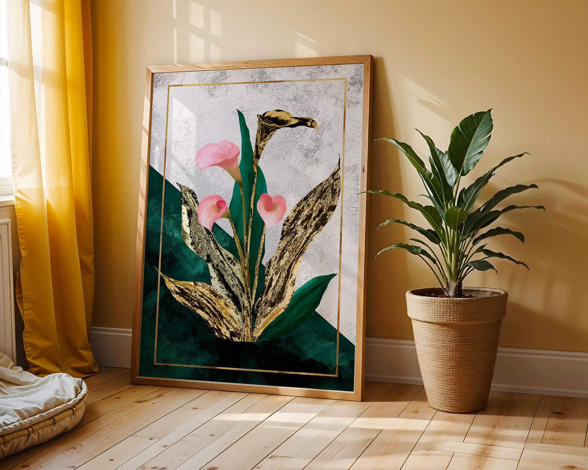 Abstrakte botanische Kunst mit rosa Calla-Lilien und goldenen Blättern