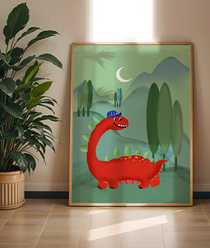 Whimsical red dinosaur in a serene nighttime forest