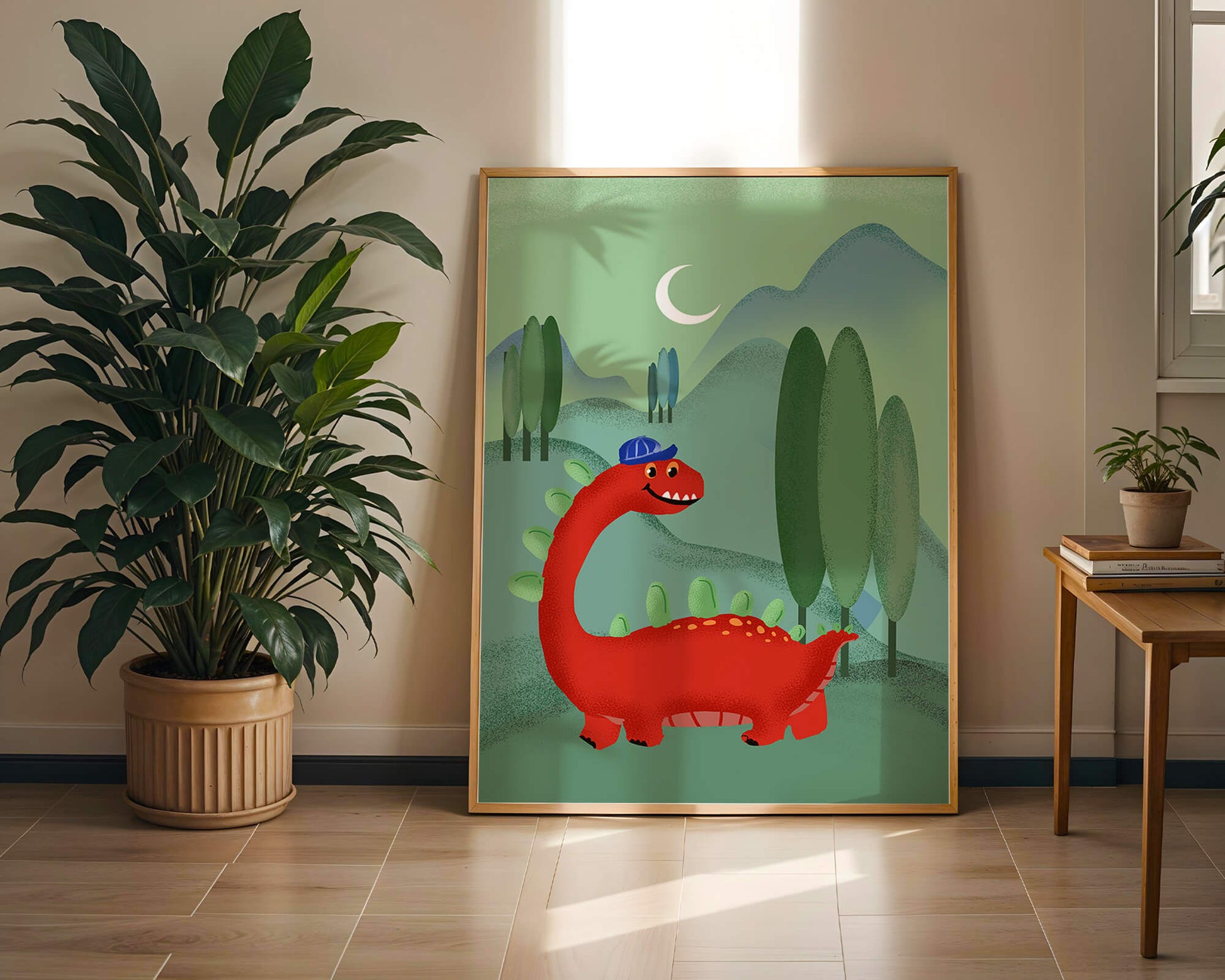 Whimsical red dinosaur in a serene nighttime forest