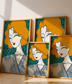 Retrato estilizado de una mujer con cabello naranja y kimono floral