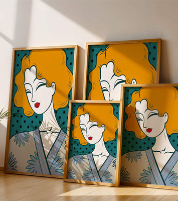 Stylized portrait of a woman with orange hair and floral kimono