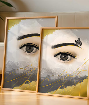 Artistic eye illustration with butterfly and abstract gold accents