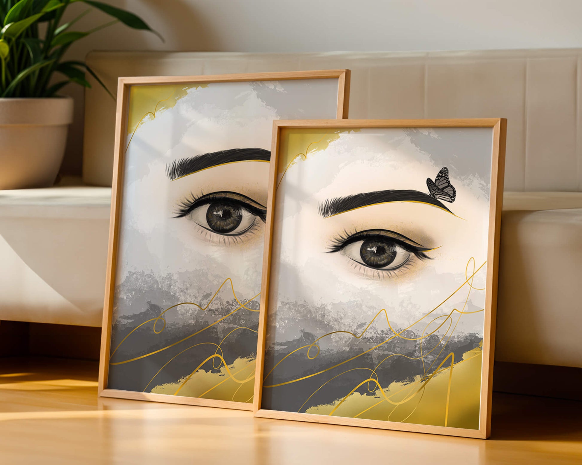 Artistic eye illustration with butterfly and abstract gold accents