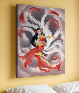 Graceful fantasy fox spirit with flowing tails and red attire in mystical clouds