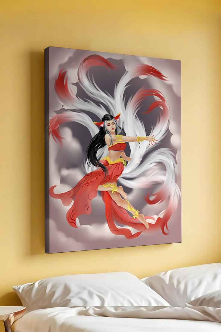 Graceful fantasy fox spirit with flowing tails and red attire in mystical clouds