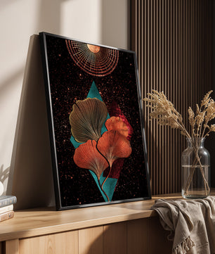 Traducción al español: Ilustración floral cósmica abstracta con elementos geométricos y acentos dorados