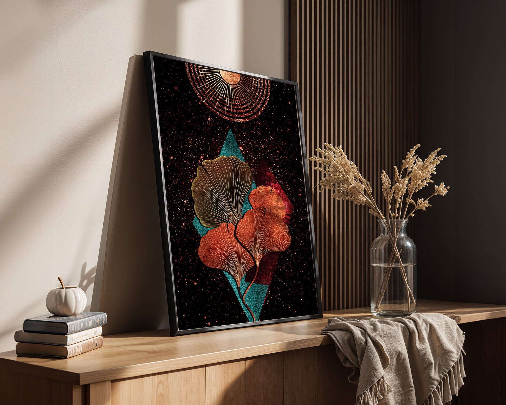 Traducción al español: Ilustración floral cósmica abstracta con elementos geométricos y acentos dorados