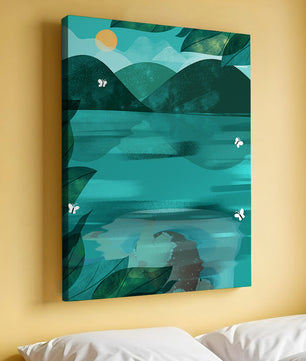 Tranquil Mountain Lake with Butterflies at Sunrise