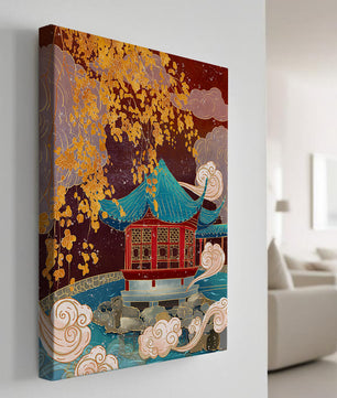 Traditional Chinese Pavilion with Gold Leaves and Clouds