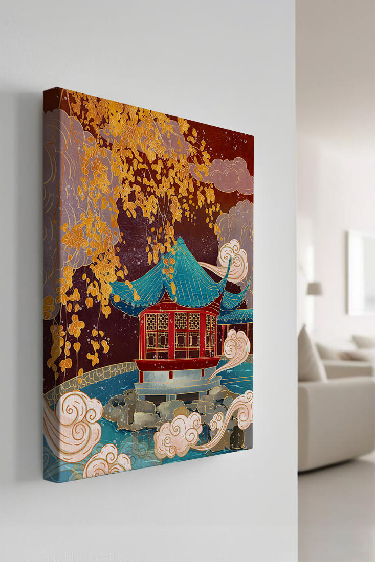 Pabellón chino tradicional con hojas doradas y nubes