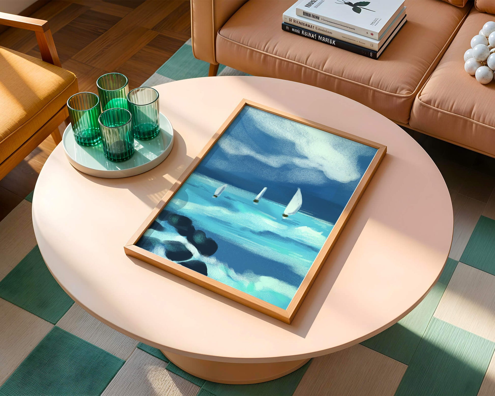 Seascape with sailboats navigating blue waves under a dramatic sky