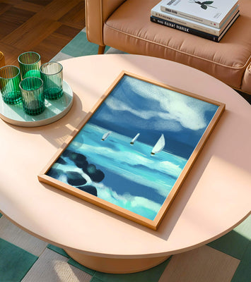 Seascape with sailboats navigating blue waves under a dramatic sky