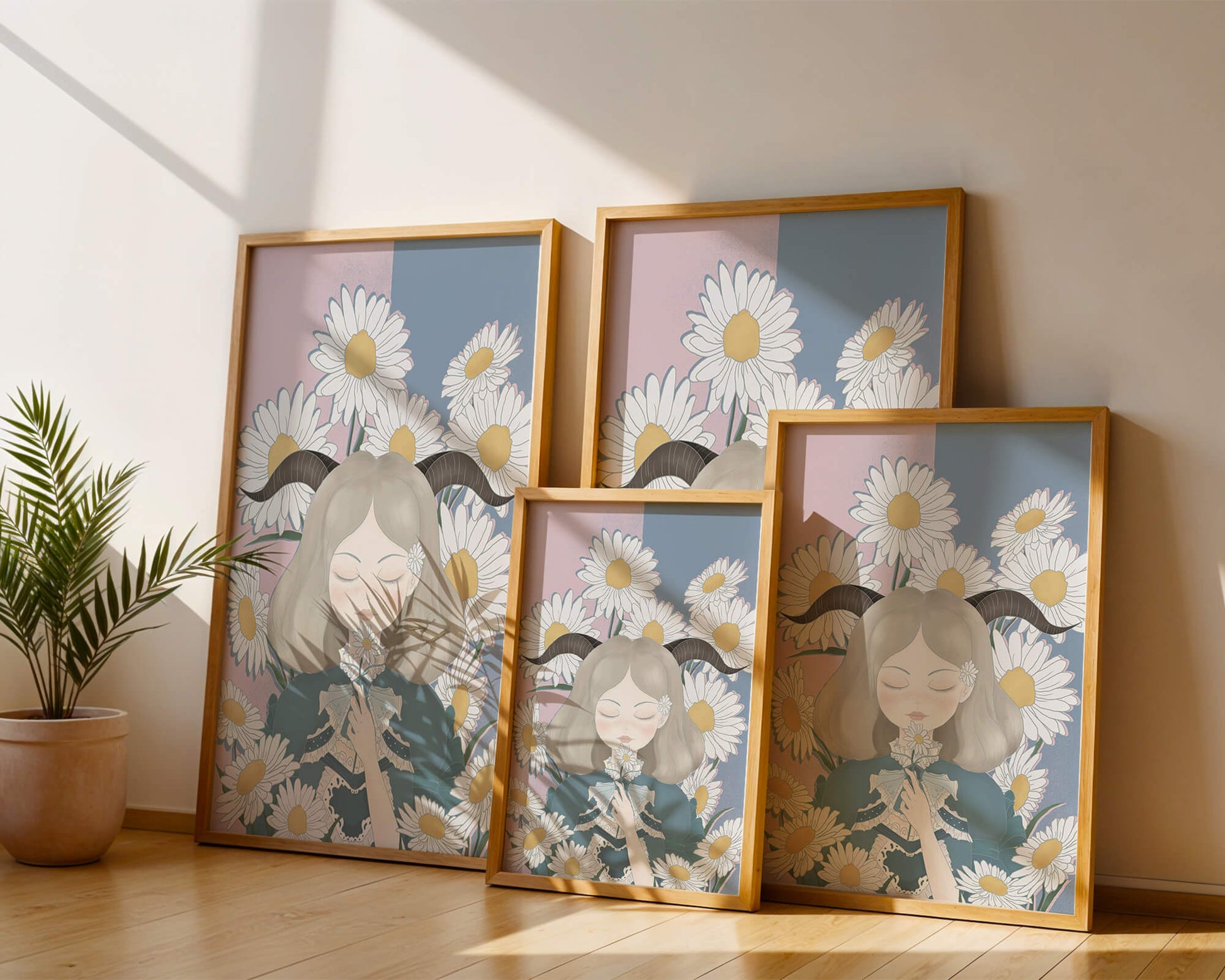 Illustration of girl with daisies and horns on a pastel background