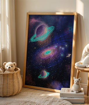 Colorful space illustration with planets and galaxy