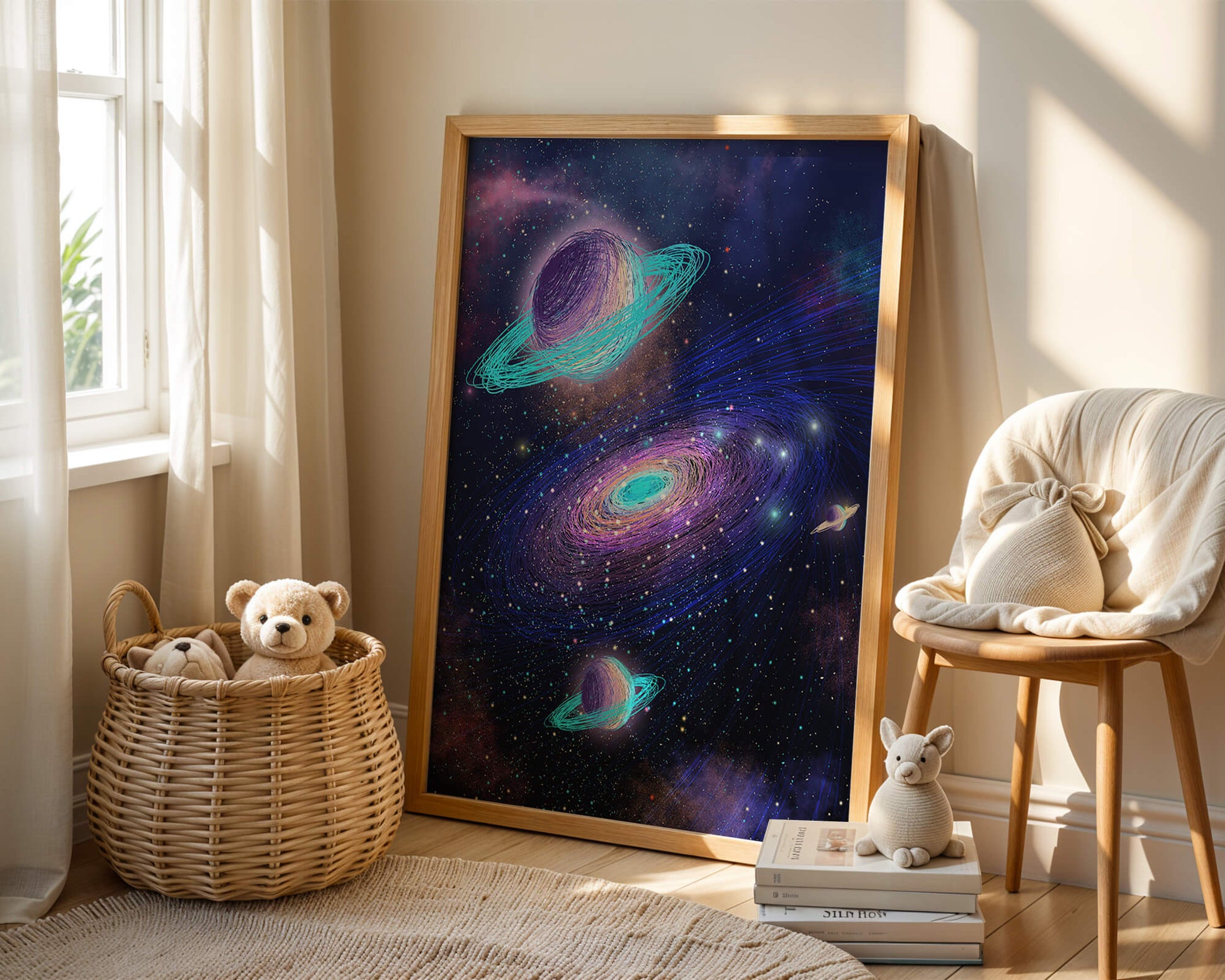 Colorful space illustration with planets and galaxy