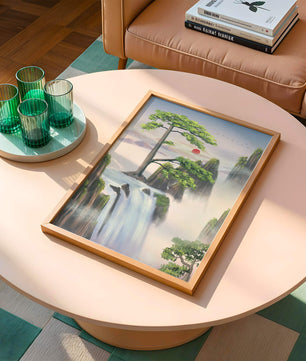 Serene landscape with flowing waterfall and sunrise