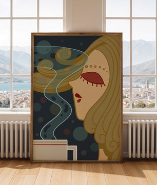Stylized portrait of a woman with flowing hair and steaming coffee