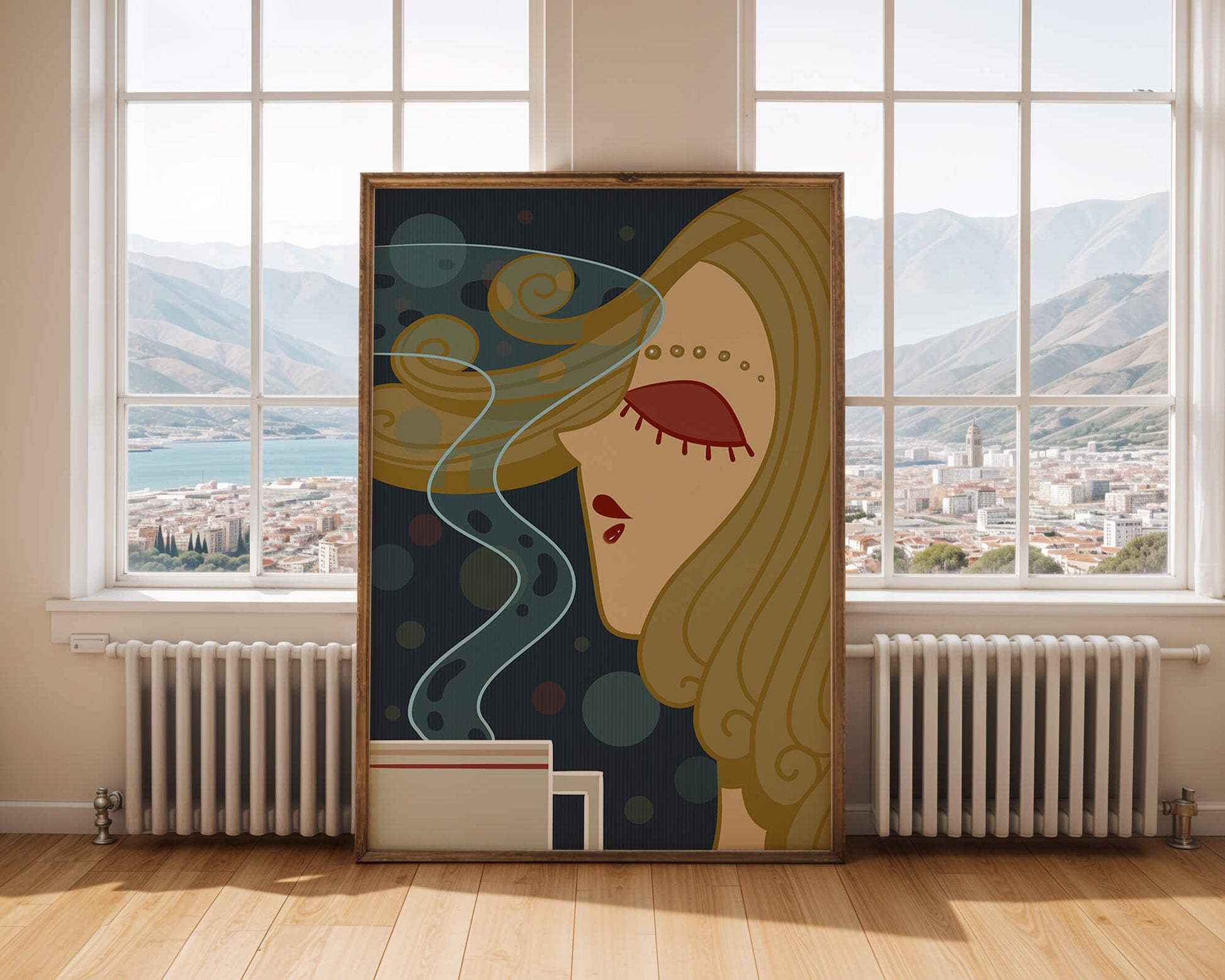 Stylized portrait of a woman with flowing hair and steaming coffee