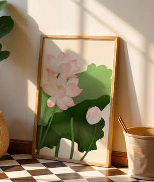 Delicate pink lotus flowers with verdant green leaves