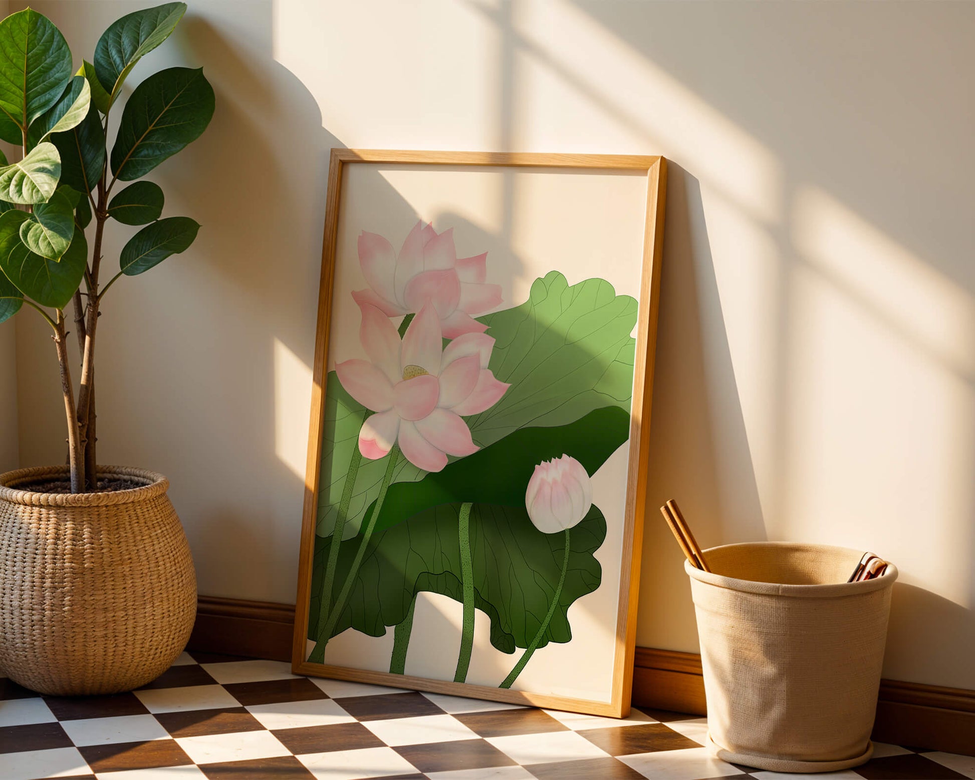 Delicate pink lotus flowers with verdant green leaves