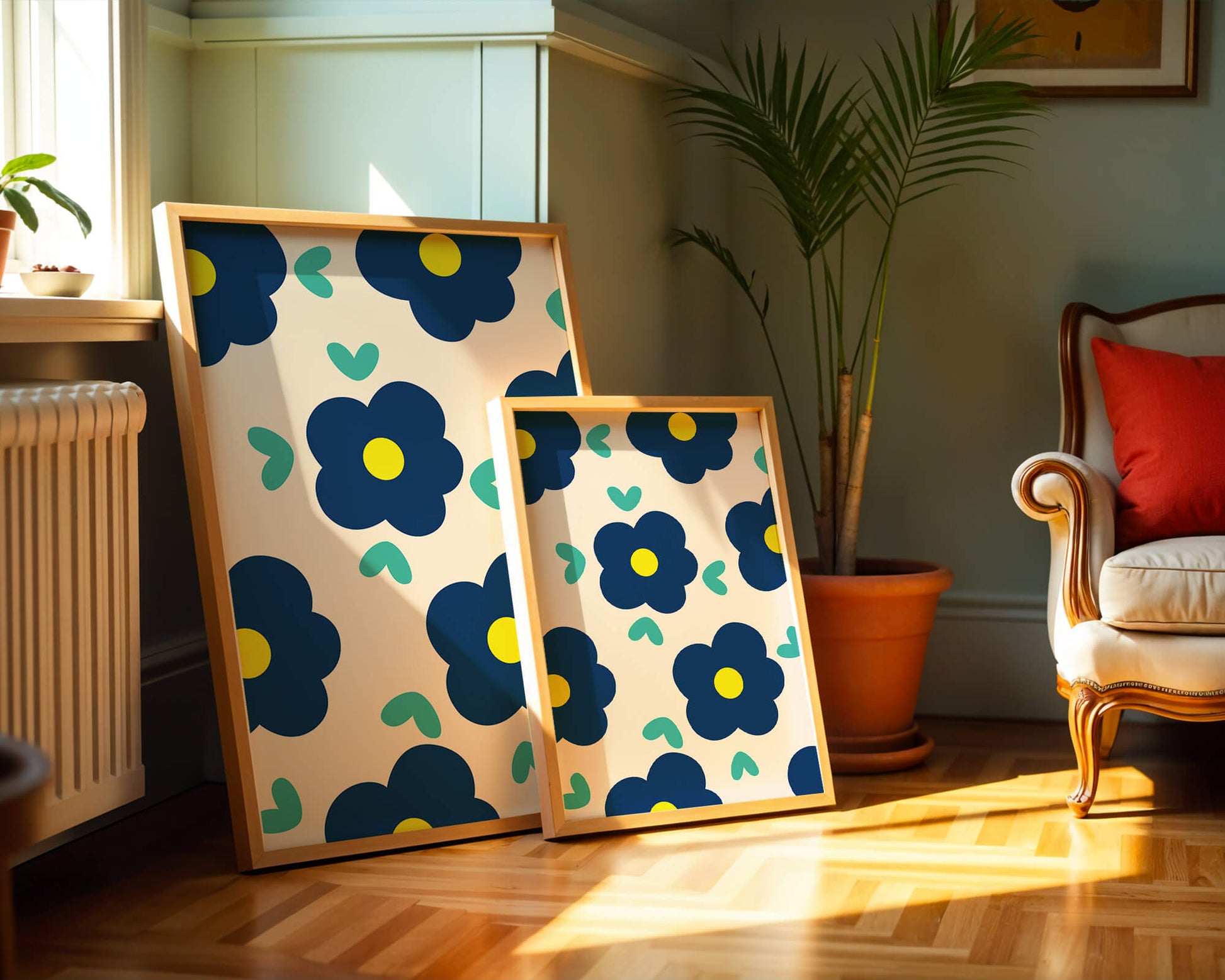 Blue floral pattern with yellow centers on cream background