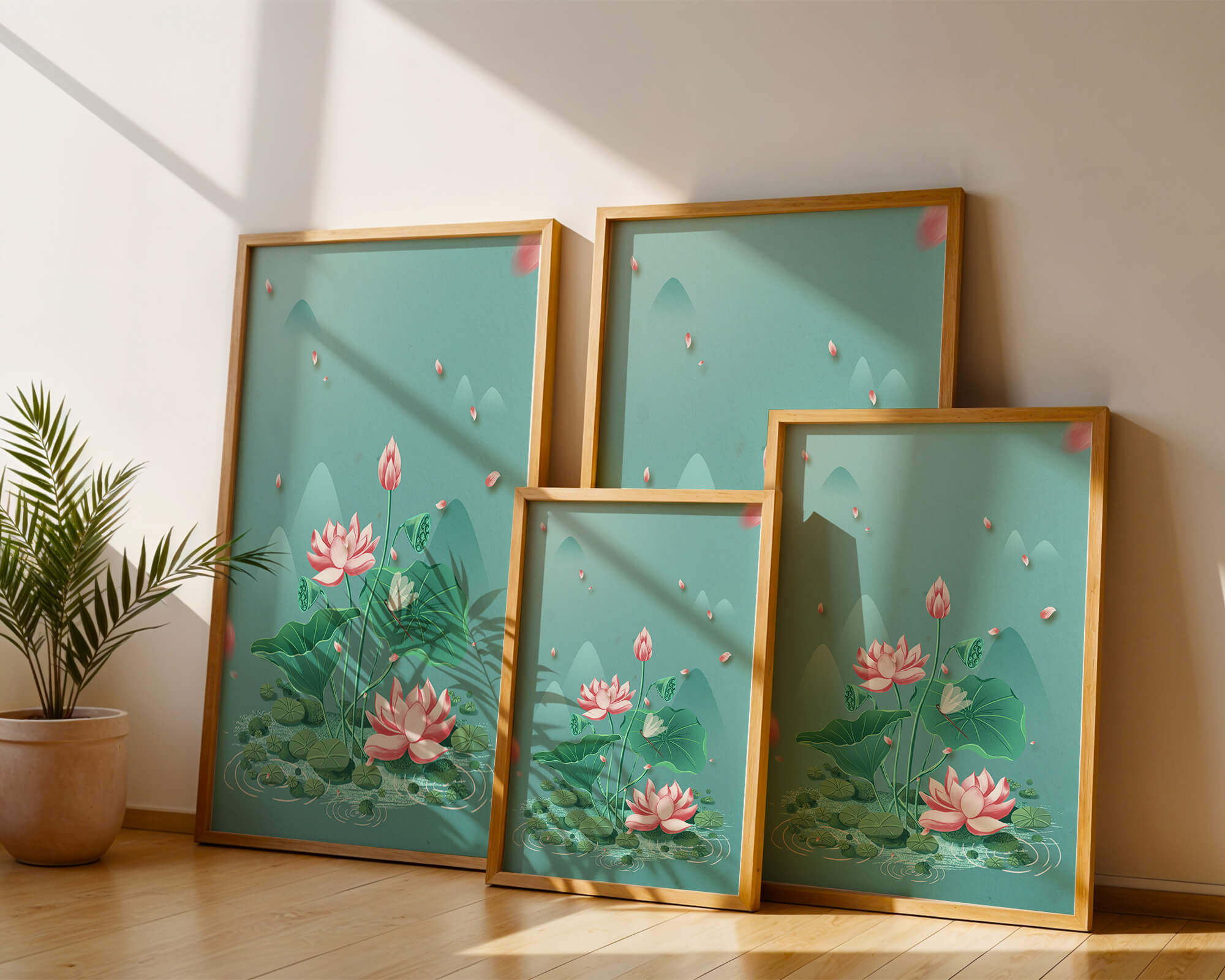 Serene illustration of lotus flowers in a tranquil pond setting with mountains