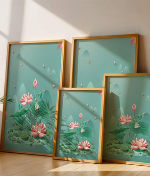 Illustration sereine de fleurs de lotus dans un étang paisible avec des montagnes