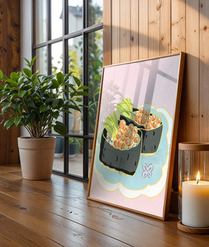 Illustration of sushi rolls with fish roe and avocado on a pastel background